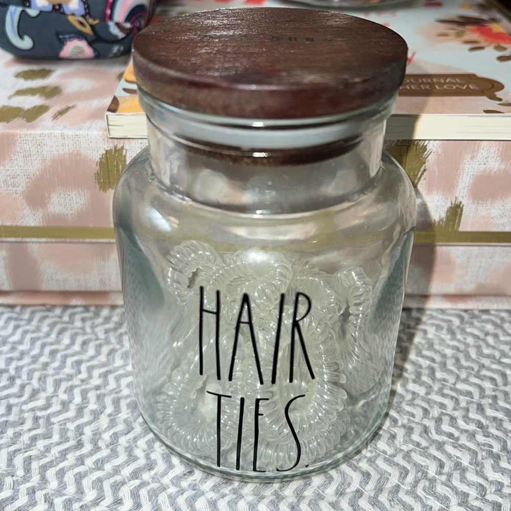 Rae Dunn hair ties jar with wooden lid